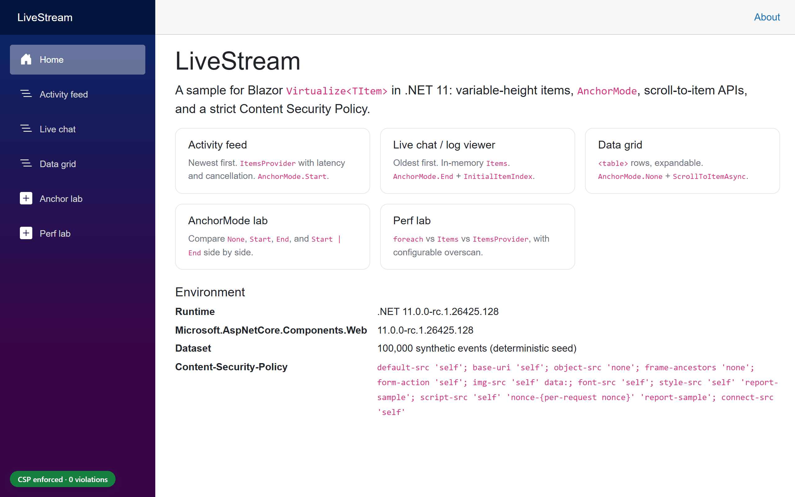 LiveStream home page showing scenario cards, the runtime version 11.0.0-rc.1, and the strict Content-Security-Policy