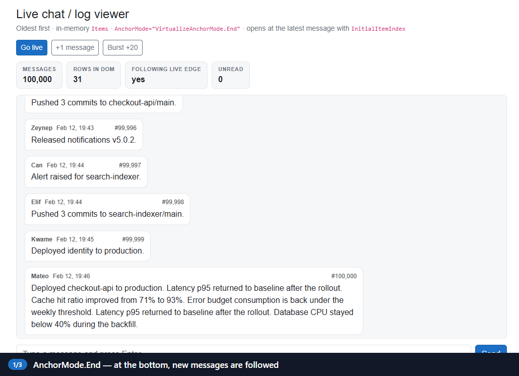 Animated: at the bottom new messages are followed; after scrolling up, new messages don't pull the view down; clicking the pill returns to the live edge and following resumes