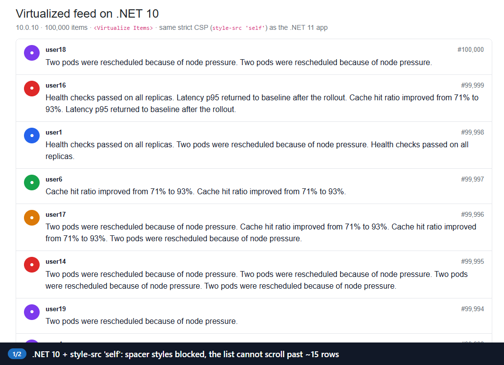 Animated: trying to scroll the .NET 10 list goes nowhere; under the same policy, the .NET 11 list keeps scrolling with 0 violations