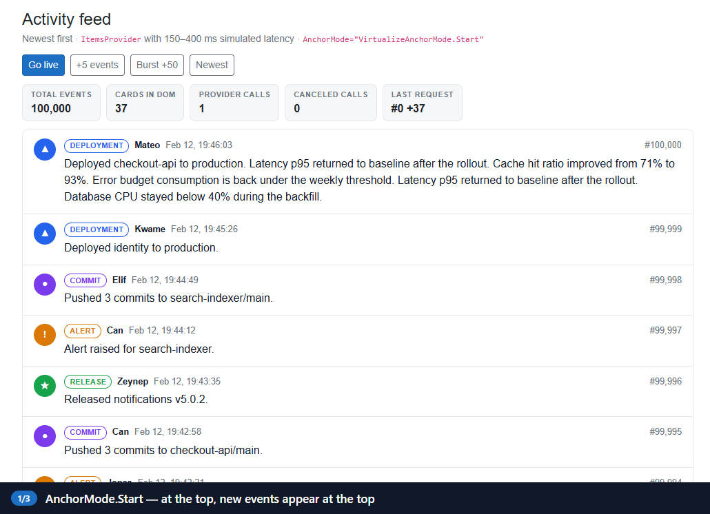 Animated: new events appear at the top; while reading older events, new events don't move the view; clicking the pill jumps to the newest