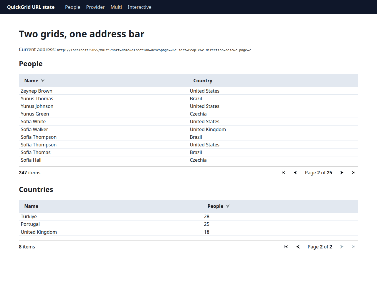 Two QuickGrids on /multi with independent sort and page state in prefixed query parameters