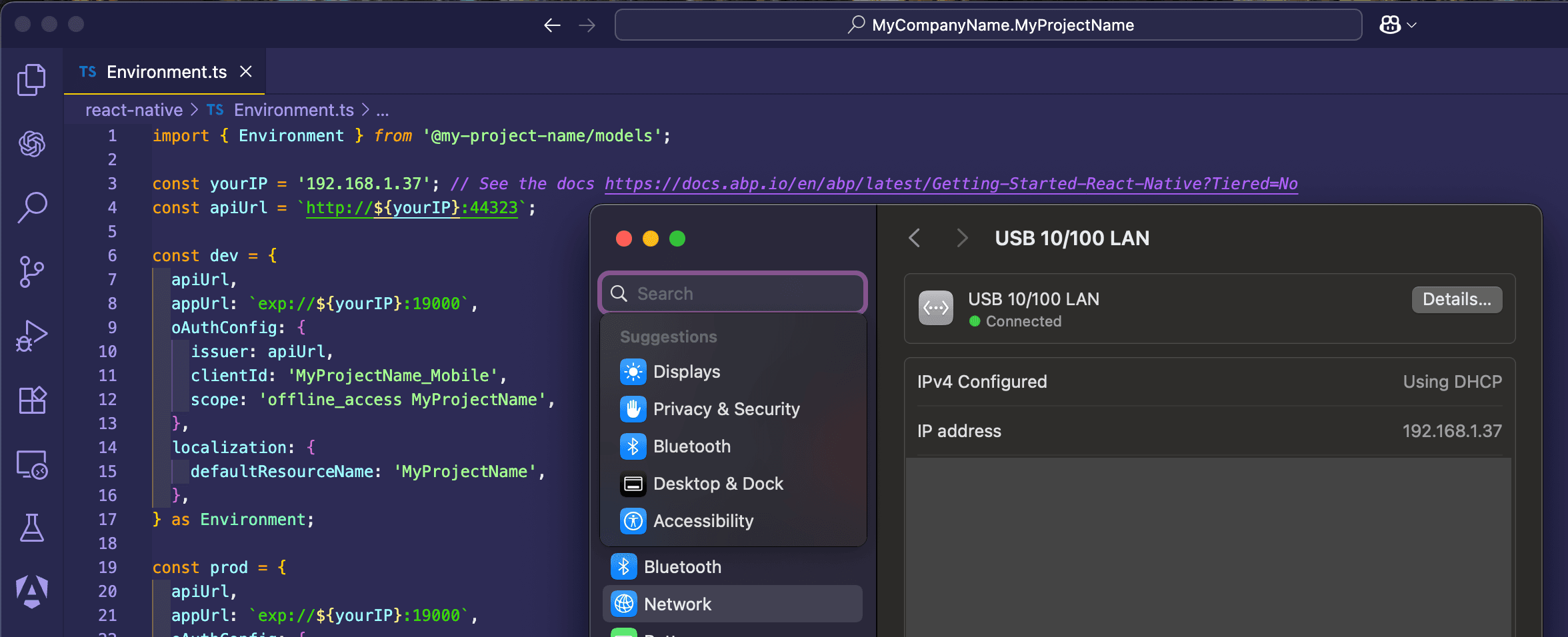 react native microservice environment local IP