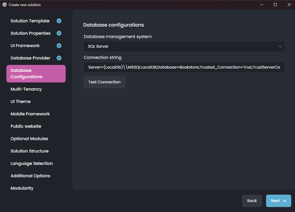 abp-studio-new-solution-dialog-database-configurations