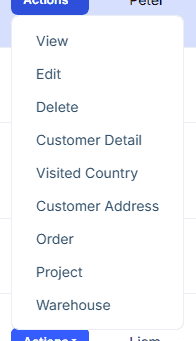Actions menu showing foreign access items (Order, Visited Country, etc.)