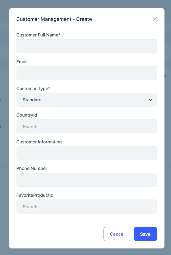 Auto-generated create/edit modal with form fields and foreign key lookups