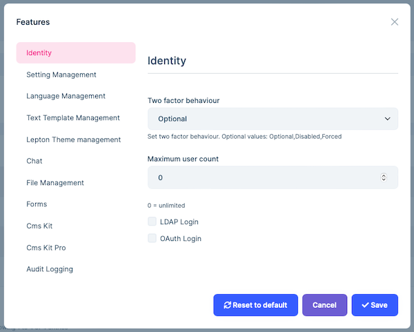 tenant-features modal