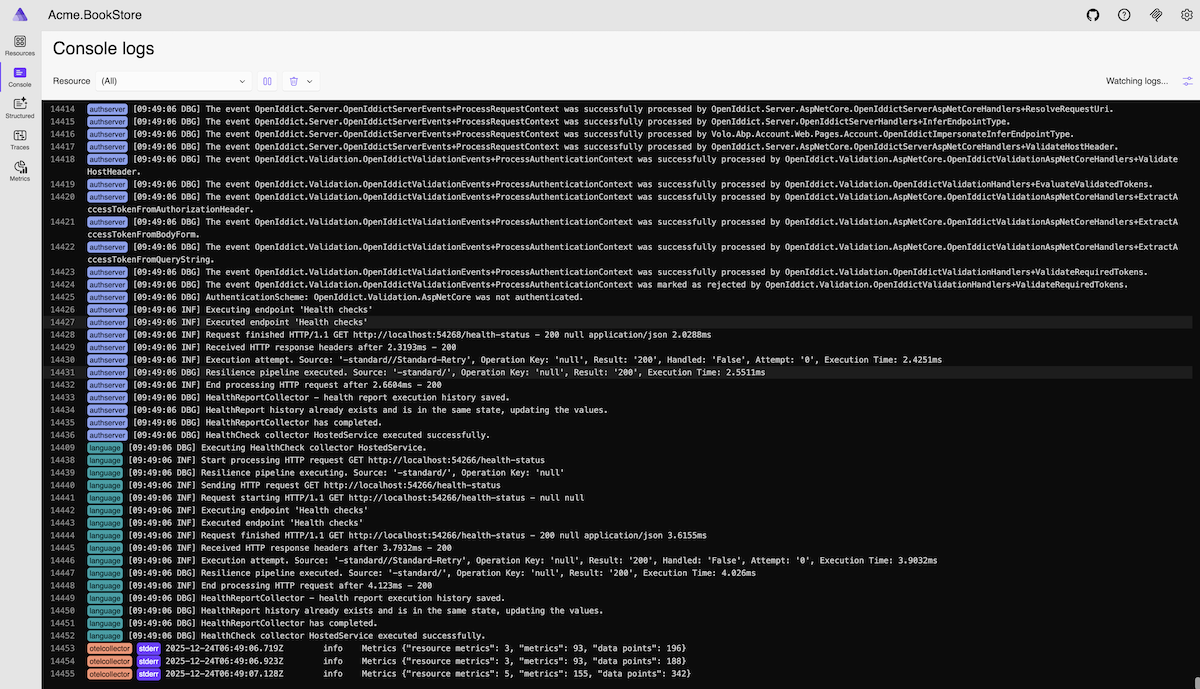 Aspire Dashboard Console Tab