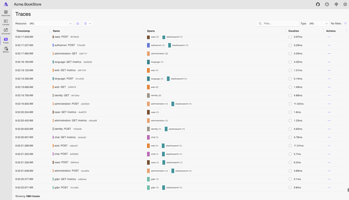 Aspire Dashboard Traces Tab