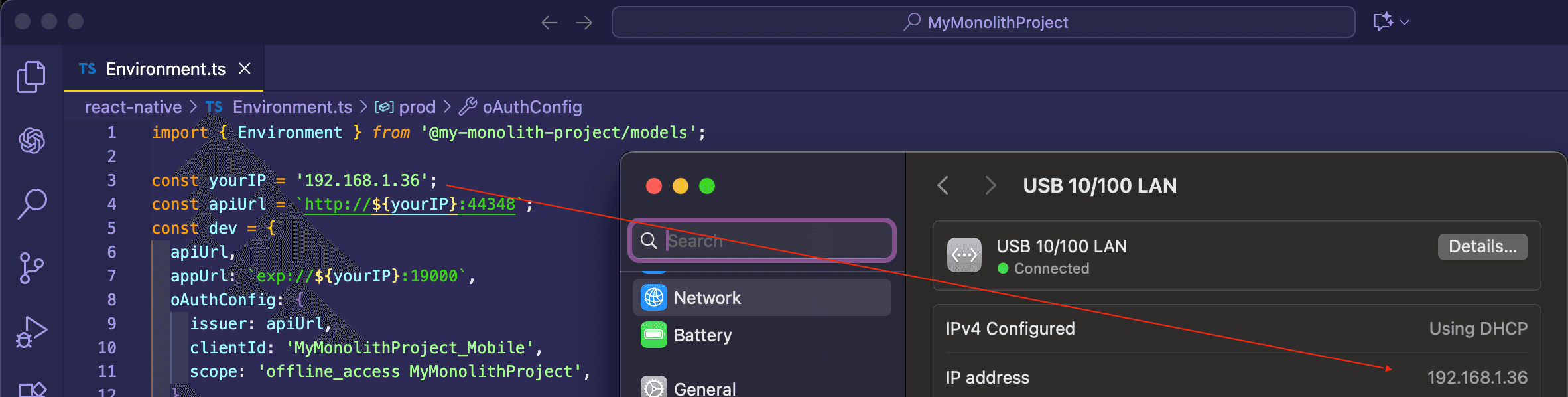 react native monolith environment local IP