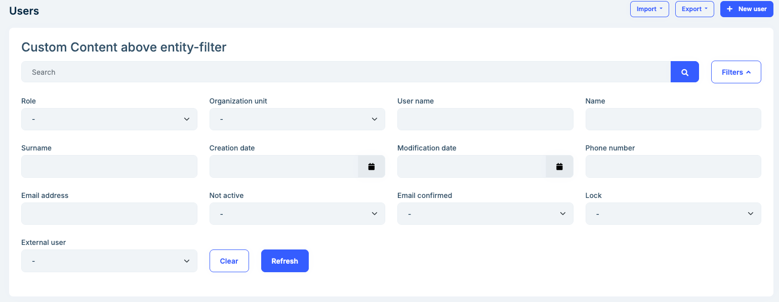 ABP Angular UI Users Page with Advanced Entity Filters with custom content above filter
