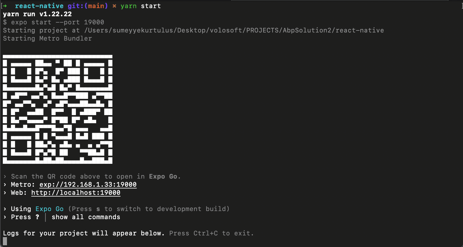 Expo CLI showing QR code and platform launch options