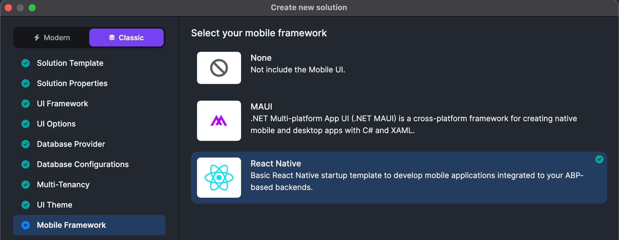 ABP Studio classic template — React Native on Mobile Framework step