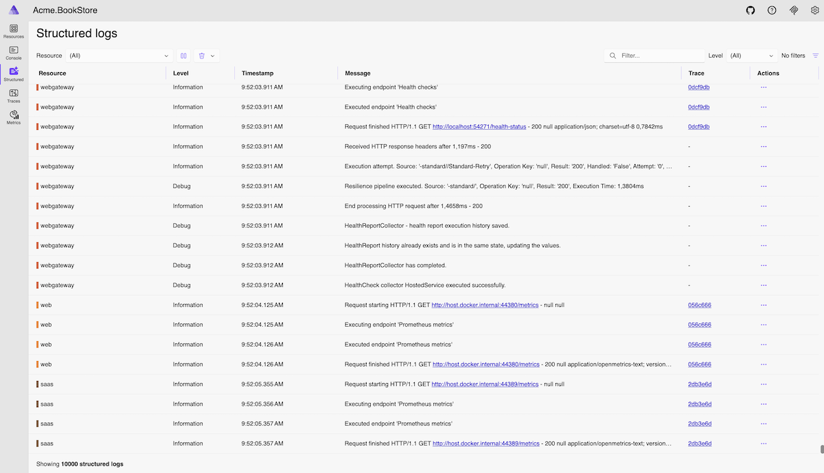 Aspire Dashboard Structured Logs Tab