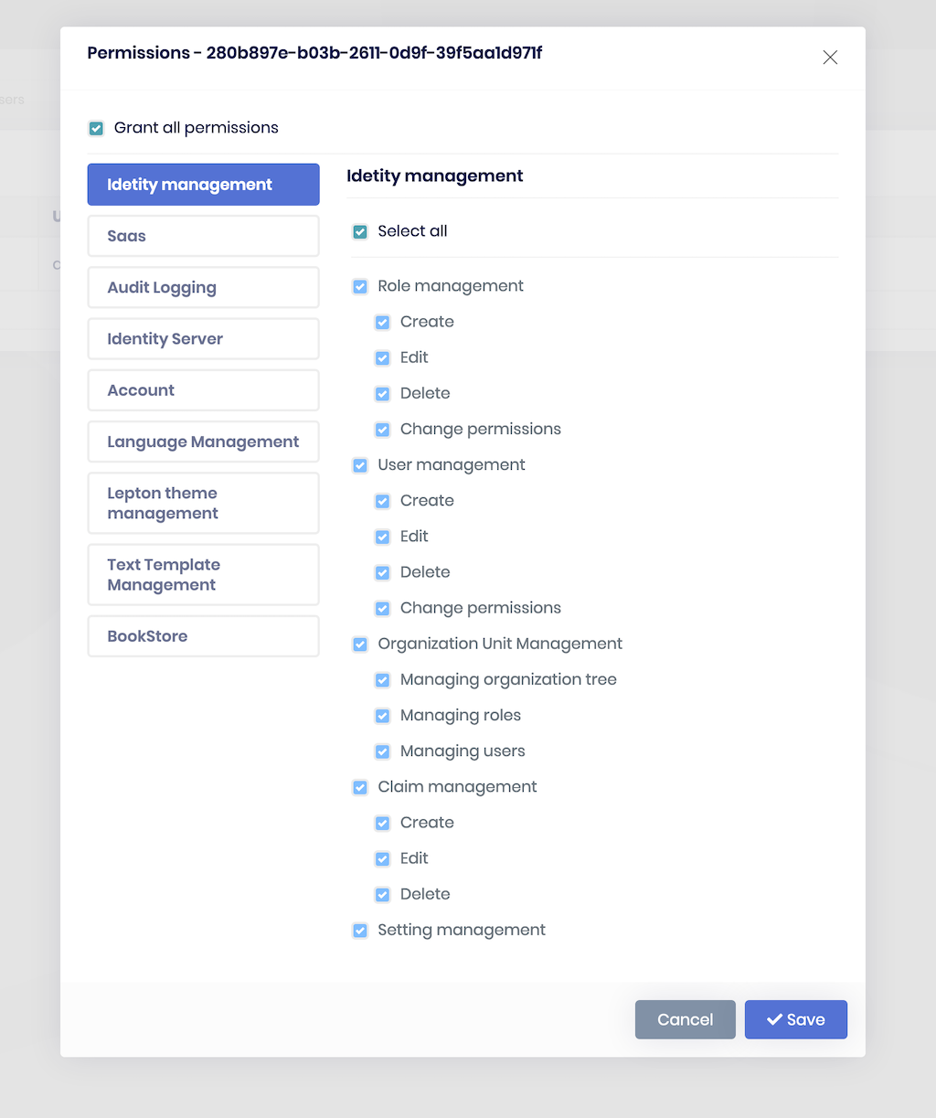 Permission management modal