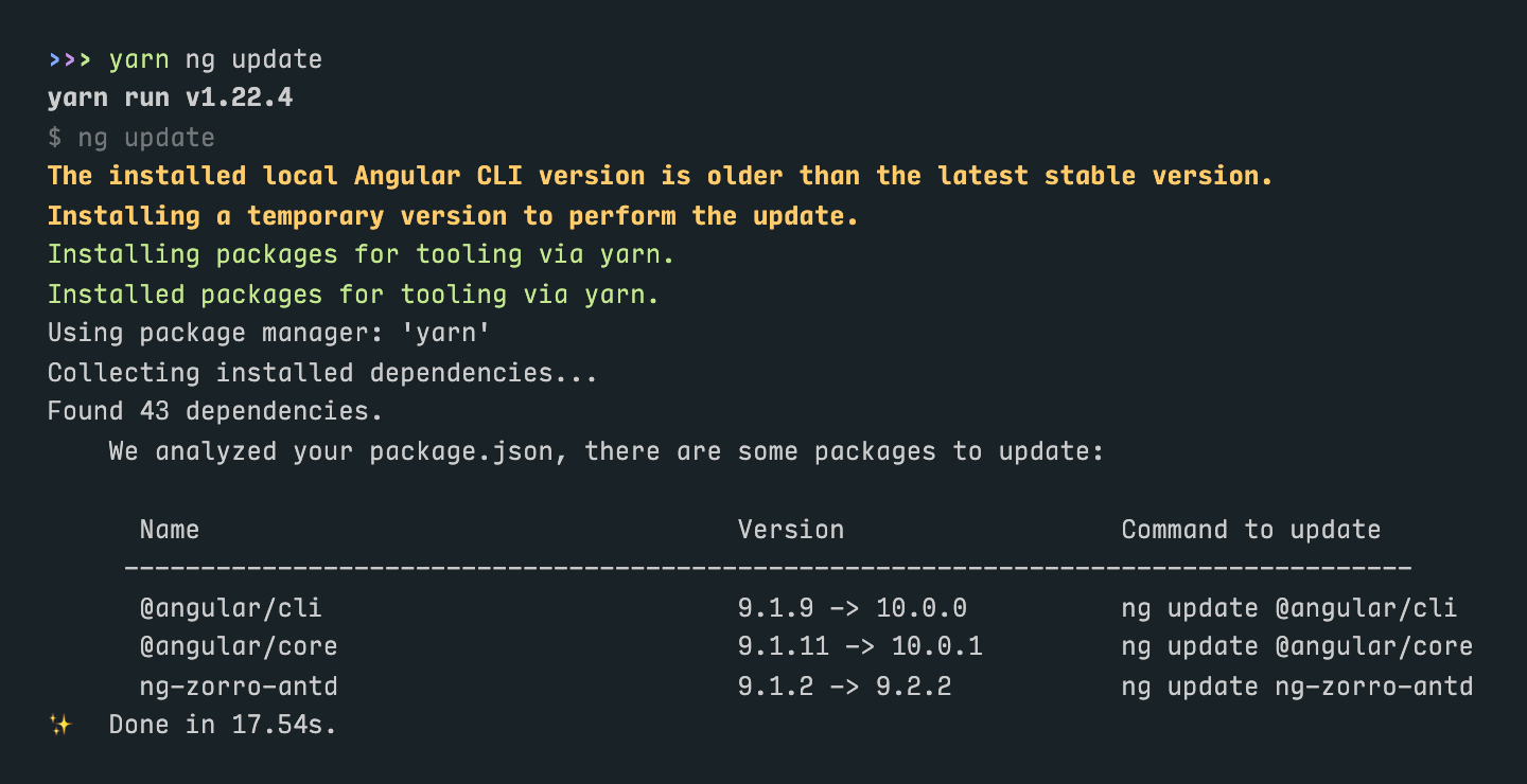 Table of packages to update