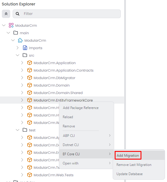 abp-studio-add-entity-framework-core-migration