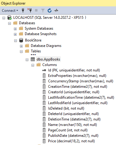 Database table for the new entity