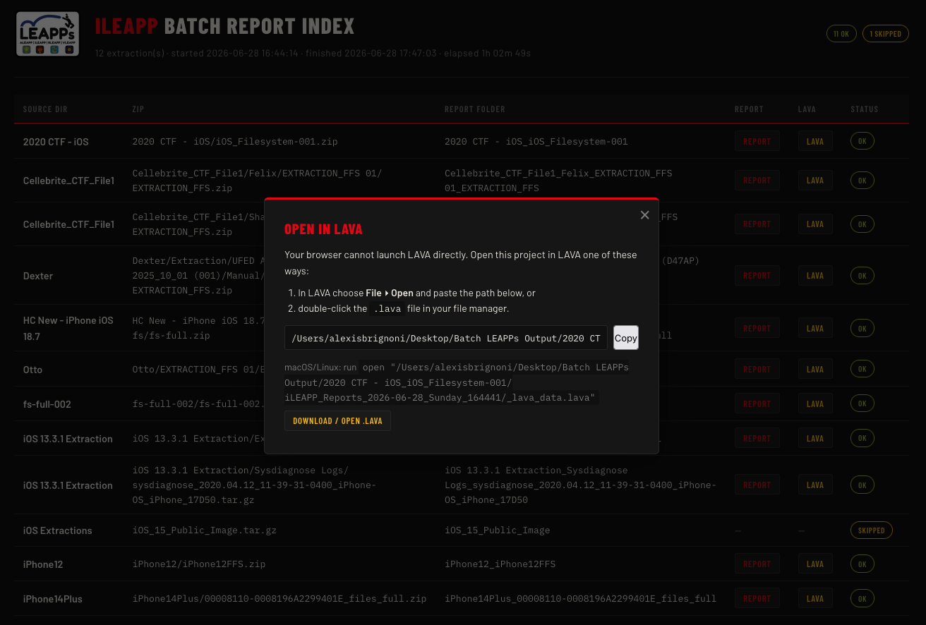 The Open-in-LAVA dialog showing the project path and how to open it