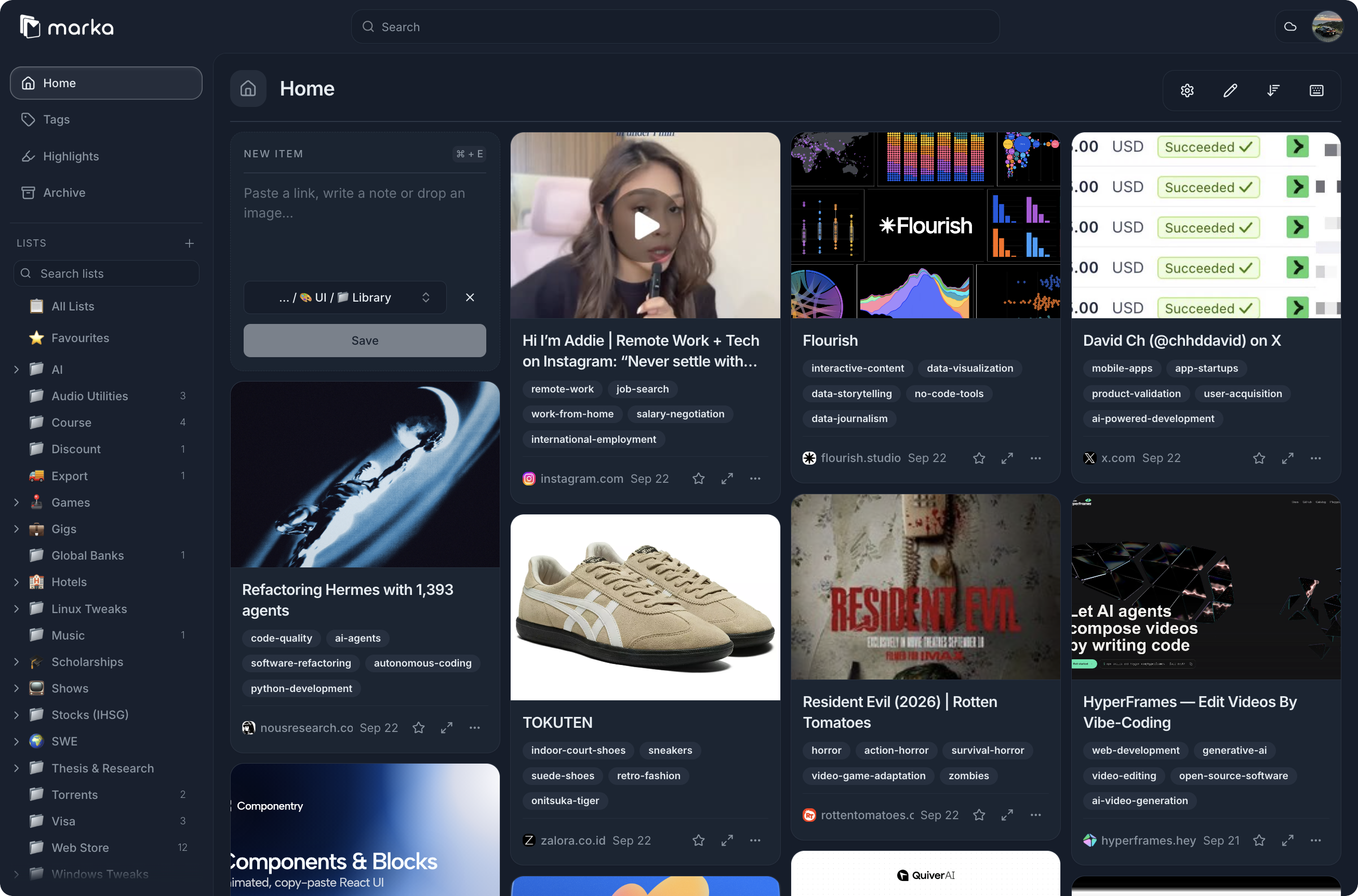 Marka library showing visual cards for saved social posts, data visualizations, articles, products, movies, and UI references.