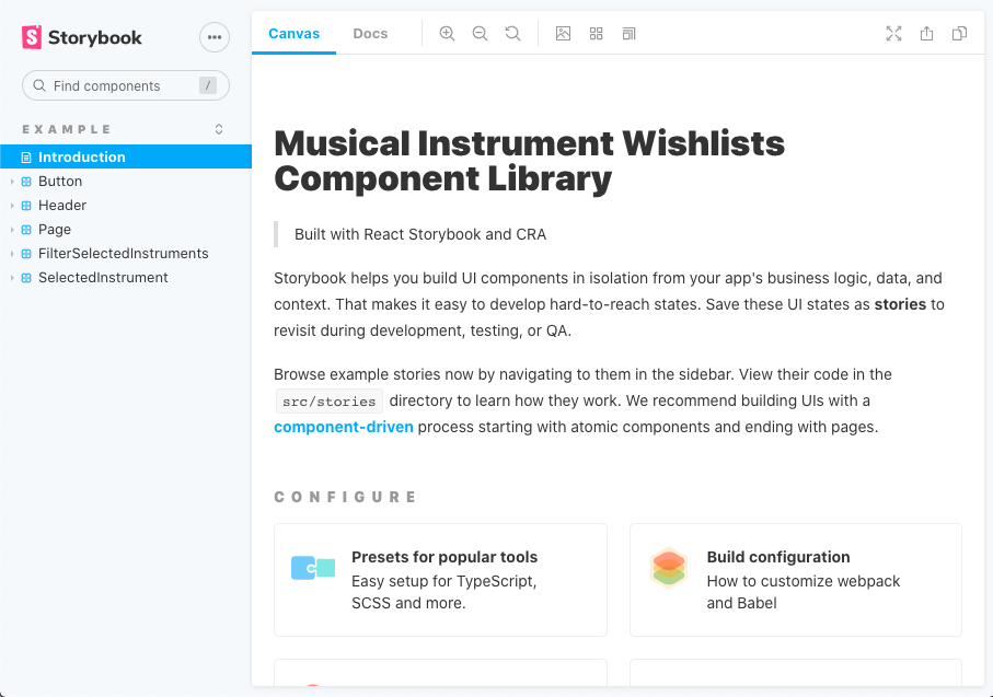 Musical instrument wishlists Component UI Library Storybook