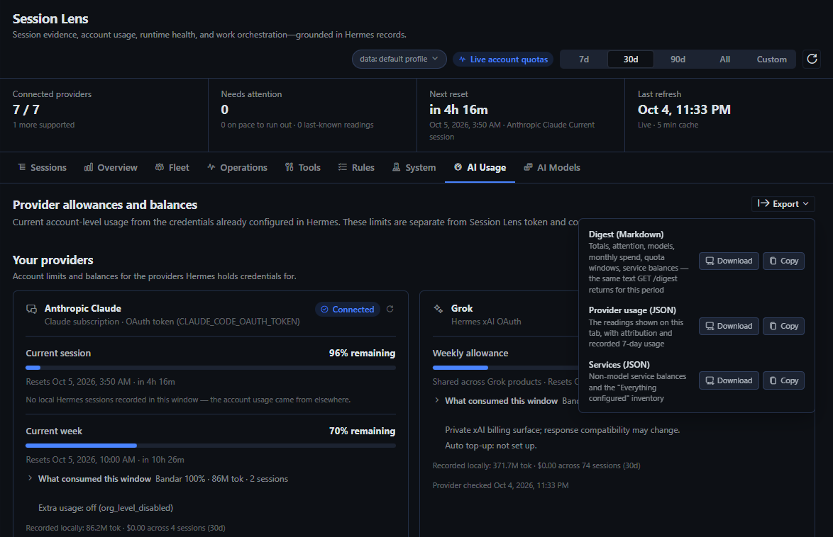 The Export menu on AI Usage