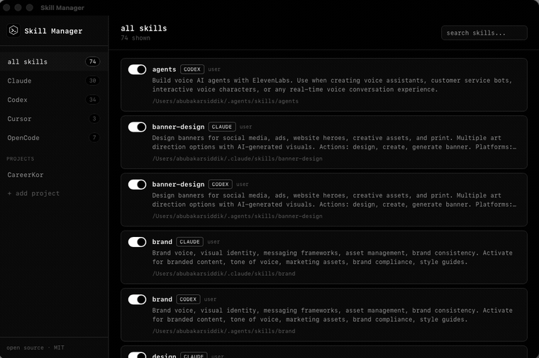 Skill Manager demo: browsing, filtering, searching, and viewing a skill across Claude Code, Codex, Cursor, Gemini CLI, and OpenCode