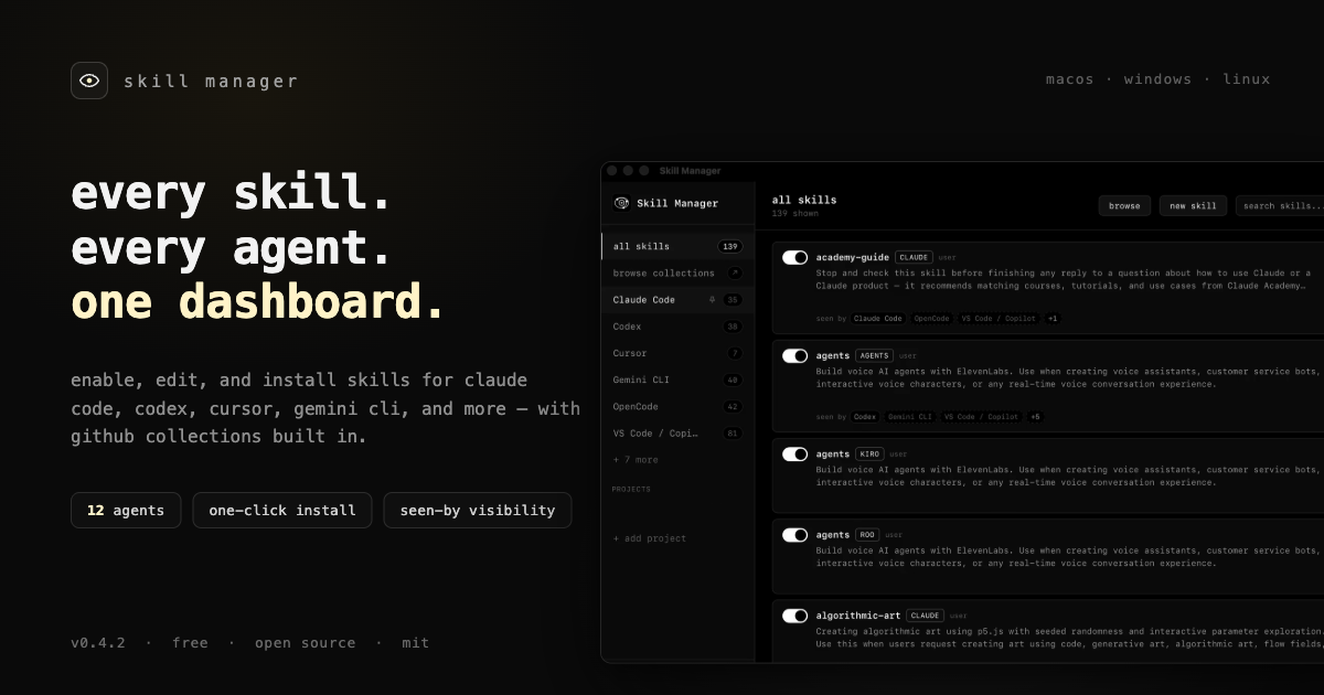 Skill Manager — every skill, every agent, one dashboard