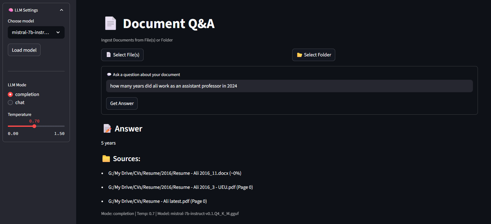 Streamlit interface for Local Document Q&A showing the working document question-answering application