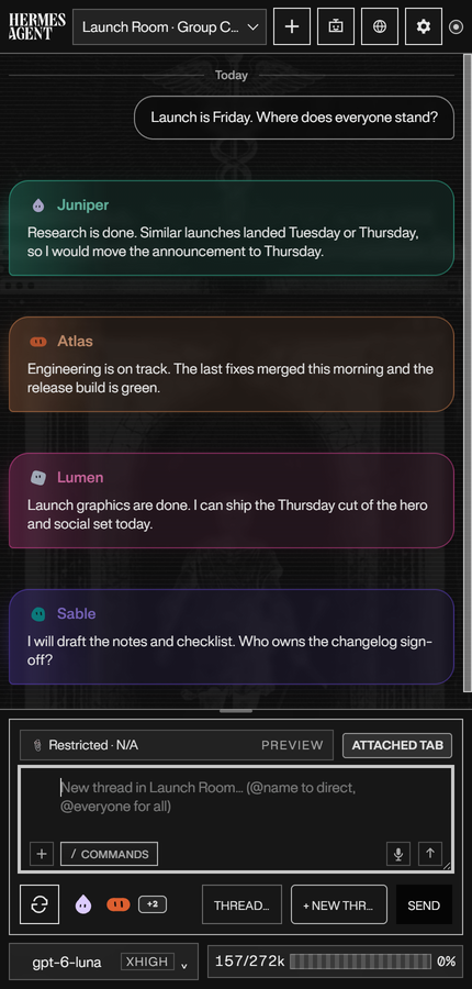 Bot Mode group chat with four demo agents replying in one room