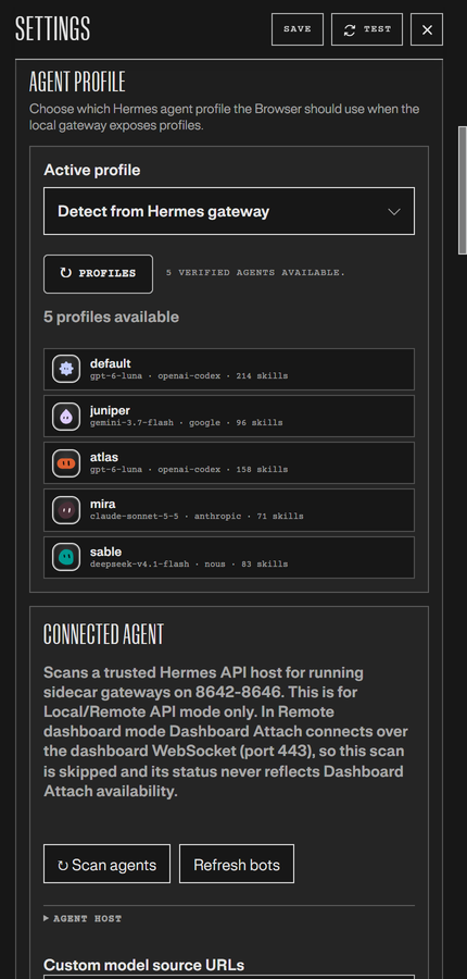 Agent Profile settings listing the verified agents from the connected gateway