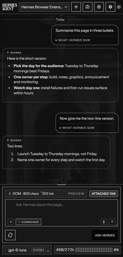 Hermes Browser side panel in Mono Dark, answering a question about the attached page