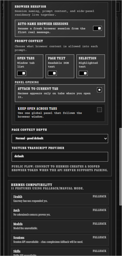 Hermes Browser Extension browser behavior settings for auto naming, prompt context, and tab-attached panels
