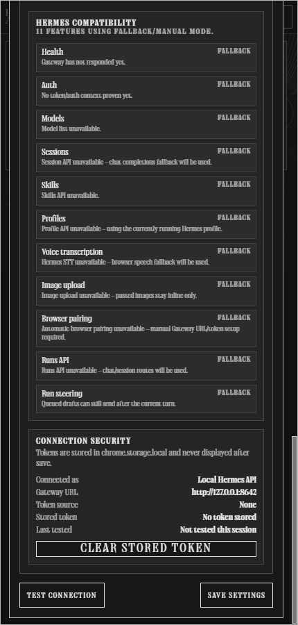 Hermes Browser Extension compatibility panel showing fallback modes and connection security