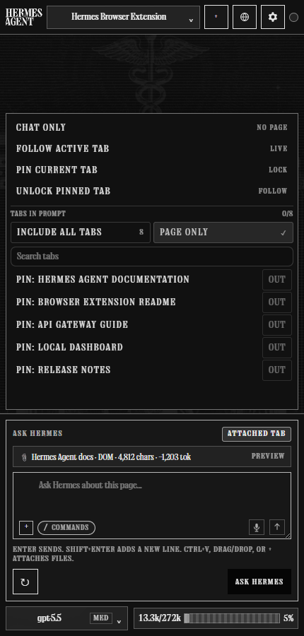 Hermes Browser Extension context scope menu with Chat only, Follow active tab, and Page only controls