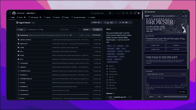 Hermes Browser Extension demo showing the side panel reading browser context and composing a Hermes prompt