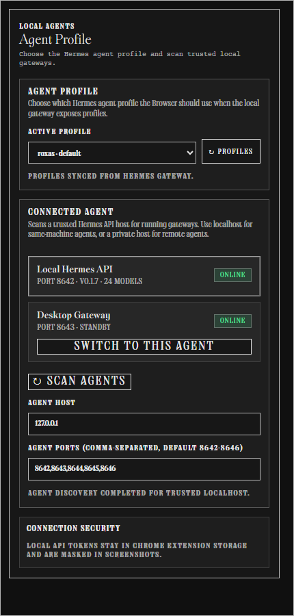 Hermes Browser Extension settings with connected local agent picker