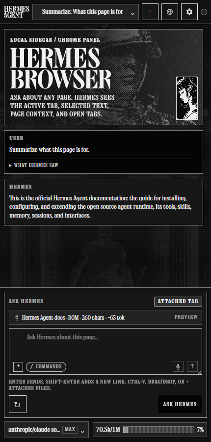 Hermes Browser Extension side panel in Mono theme
