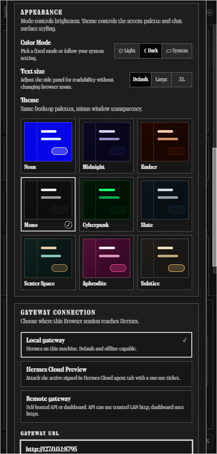 Hermes Browser Extension appearance settings with color mode and theme picker