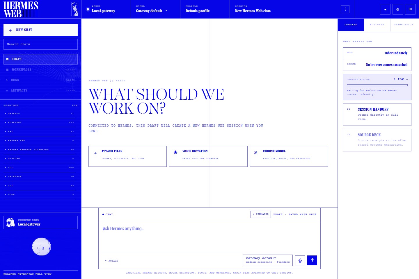 Hermes Web in Nous Light mode showing a connected new-session workspace with session rail, composer, and context inspector