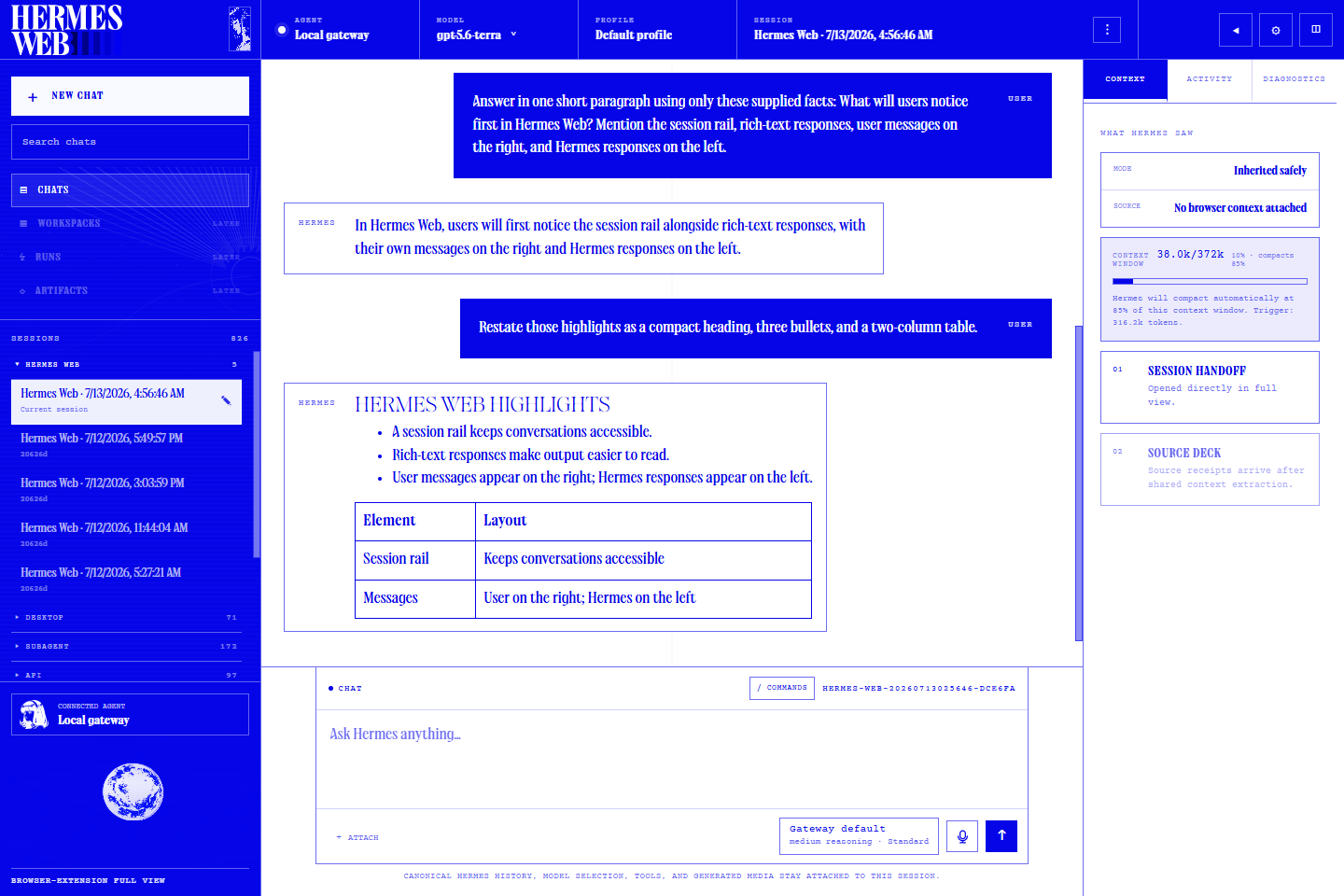 Hermes Web in Nous Light mode showing user messages on the right, Hermes messages on the left, rich Markdown, a table, session rail, composer, and context meter
