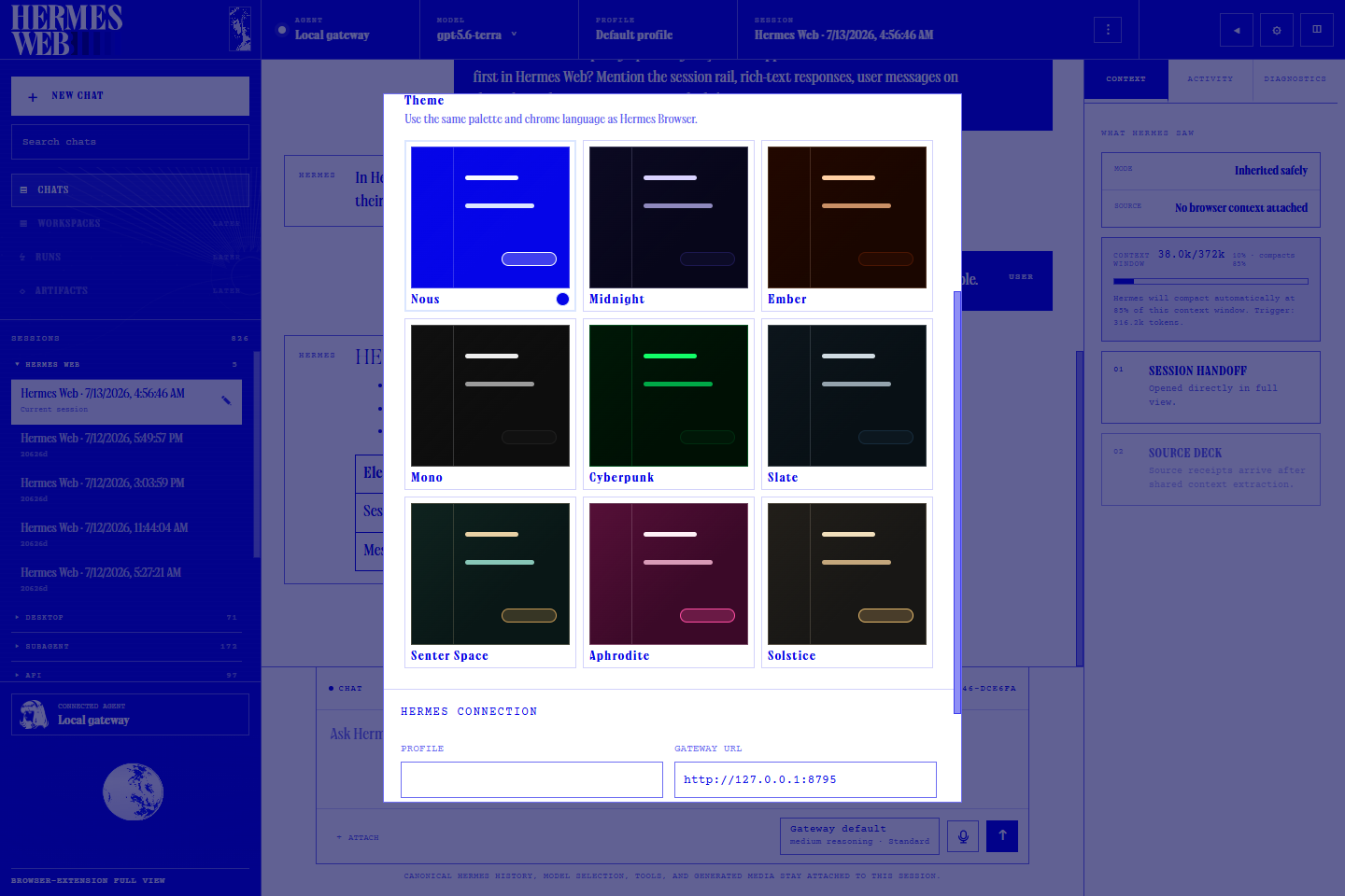 Hermes Web settings in Nous Light mode showing all nine appearance themes