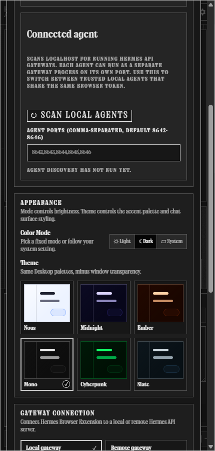Hermes Browser Extension settings with connected local agent picker