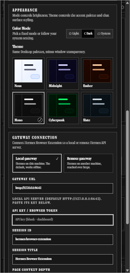 Hermes Browser Extension appearance settings with color mode and theme picker