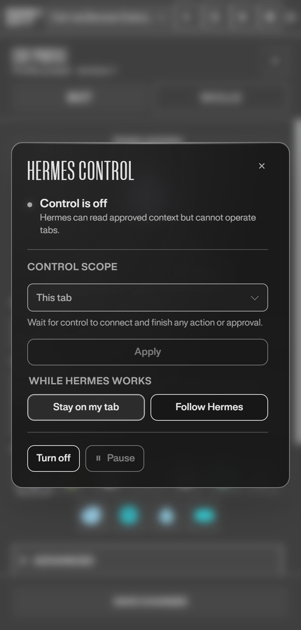 Hermes Control dialog with scope, stay or follow, and turn off controls