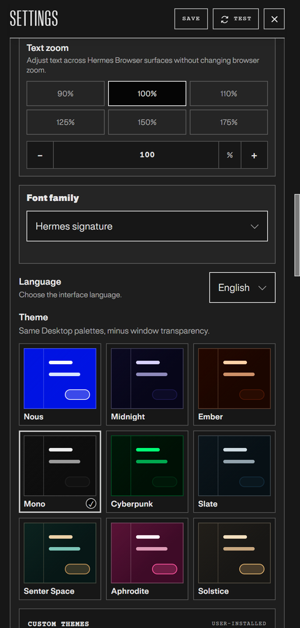 Appearance settings with color mode, text zoom, and built-in theme previews
