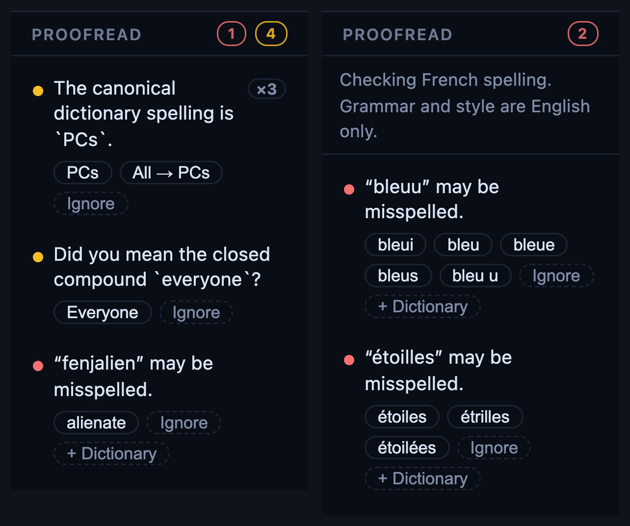 Proofreading, in English and in French