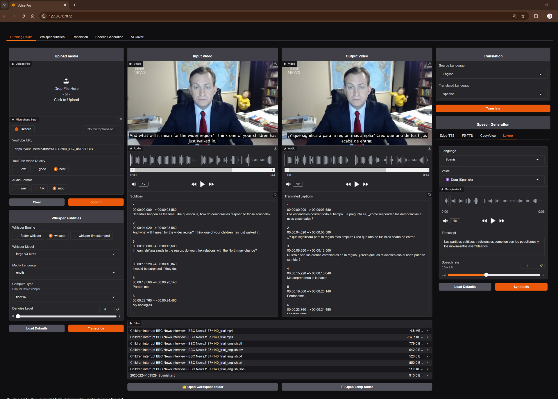 Multilingual Voice Conversion and Subtitle Generation Web UI Interface