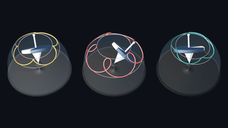 Three spinning tops precess and nod as their axes trace curves on glass spheres