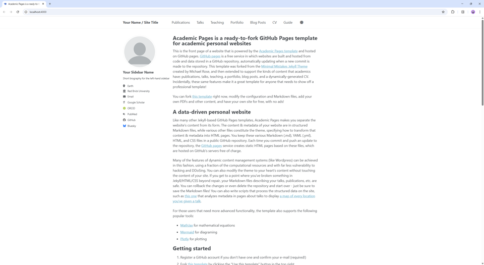 Пример главной страницы сайта на Academic Pages