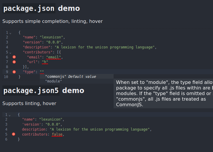 screenshot of the examples with json4 and json5 support enabled